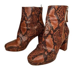 H&M Ankle Boots Chunky Snakeskin Print Block Heel Side Zip Height Size 8 1/2